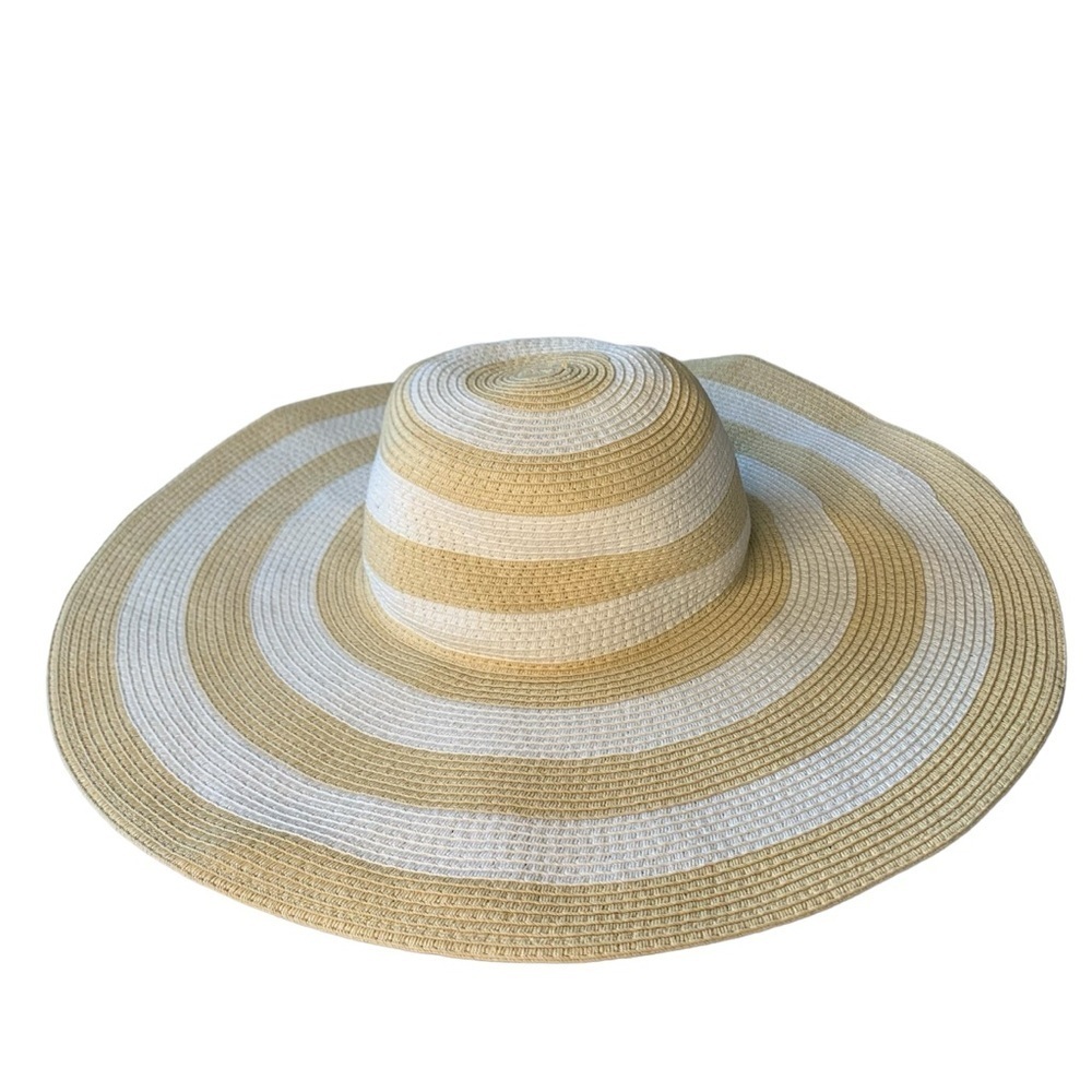 Sandy Shore tan and white stripe‎ paper & poly wide brim beach hat. Size-OS